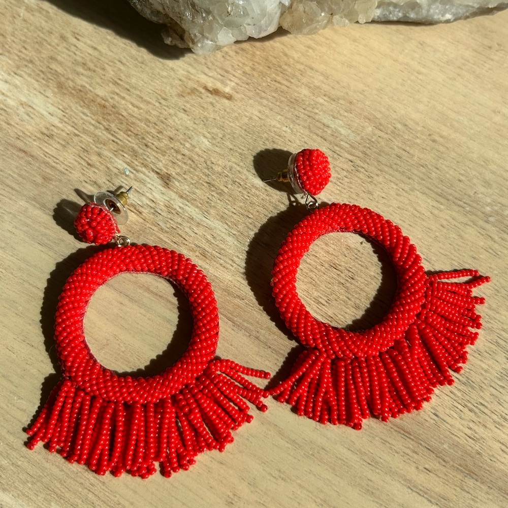 Vibrant Red Tassel Hoop Earrings